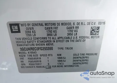 2015 Chevrolet Silverado 1500 1Lt from USA, damaged, VIN 3GCUKREC0FG293390